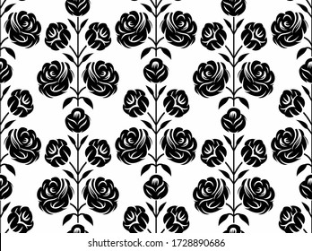 Seamless black and white abstract rose flower pattern