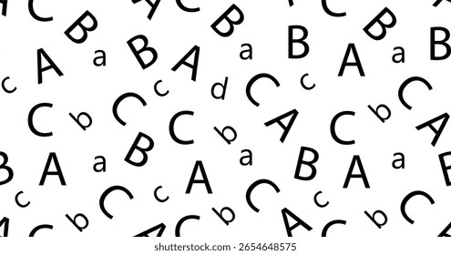 Seamless black and white alphabet letter pattern featuring uppercase and lowercase A, B, C, D. Perfect for educational backgrounds, school prints, kids design, and typography projects.