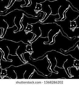 Seamless black and white animal pattern with hand drawn silhouettes of panthers or pumas.