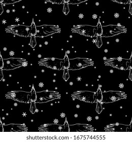 Seamless black and white animal pattern with silhouettes of soaring ravens or crows and snowflakes. Native American totem bird.