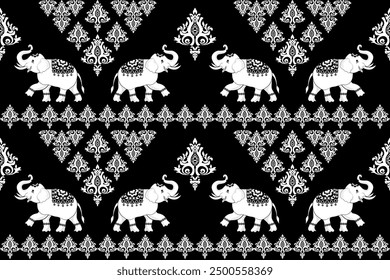  Seamless black and white animals pattern with vintage floral elements, ideal for wallpaper or textile design,elephants pattern,traditional ethnic, fabric pattern for textiles, rugs, wallpaper, cloths