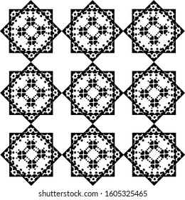 Seamless black and white arabesque  pattern with smaller squares, rhombus with different ornaments. Vector stock illustration