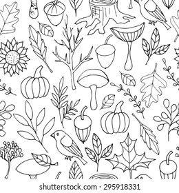 Seamless black and white autumn pattern. Cartoon elements. Hand drawing doodle. Vector illustration