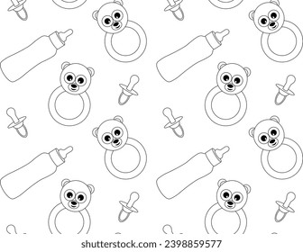 Seamless black and white baby pattern of pacifiers,rattles,milk bottles