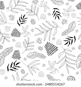 Seamless black and white background with abstract vegetation, branches, leaves and elements in a linear style outline. Vector