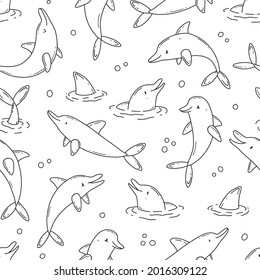 Fondo blanco y negro impecable con delfines y burbujas lindas al estilo de doodle de dibujos animados. Fondo de la ilustración del vector.