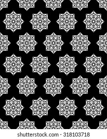 Seamless black and white background with decorative mosaic stars