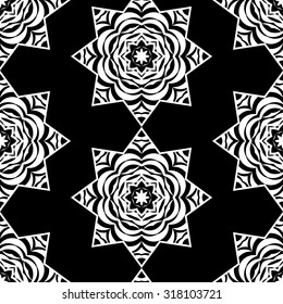 Seamless black and white background with decorative mosaic stars