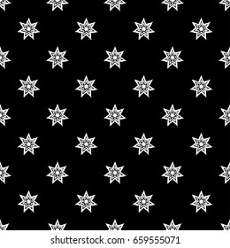 Seamless black and white background with decorative stars. Vector illustration. Textile rapport.