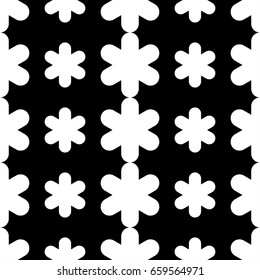 Seamless black and white background with decorative snowflakes. Flat design. Textile rapport.