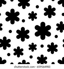 Seamless black and white background with decorative snowflakes. Flat design. Textile rapport.