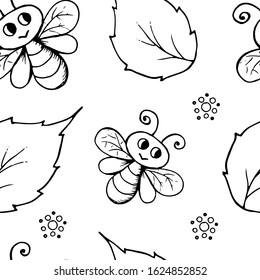 Seamless black and white background in doodle style with bees and leaves.Hand drawn endless texture.Vector illustration.