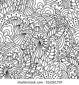Seamless black and white background. Floral, ethnic, hand drawn elements for design. Good for coloring book for adults or design of wrapping and textile.