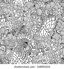 Seamless black and white background. Floral, ethnic, hand drawn elements for design. Good for coloring book for adults or design of wrapping and textile.