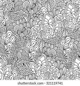 Seamless black and white background. Floral, ethnic, hand drawn elements for design. Good for coloring book for adults or design of wrapping and textile.