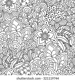 Seamless black and white background. Floral, ethnic, hand drawn elements for design. Good for coloring book for adults or design of wrapping and textile.
