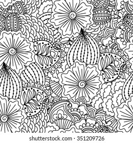 Seamless black and white background. Floral, ethnic, hand drawn elements for design. Good for coloring book for adults or design of wrapping and textile.