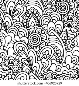 Seamless black and white background. Floral, ethnic, hand drawn elements for design. Good for coloring book for adults or design of wrapping and textile.