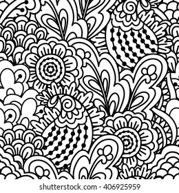 Seamless black and white background. Floral, ethnic, hand drawn elements for design. Good for coloring book for adults or design of wrapping and textile.