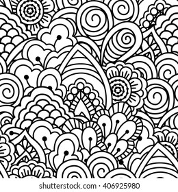 Seamless black and white background. Floral, ethnic, hand drawn elements for design. Good for coloring book for adults or design of wrapping and textile.