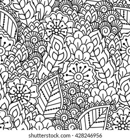 Seamless black and white background. Floral, ethnic, hand drawn elements for design. Good for coloring book for adults or design of wrapping and textile.