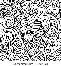 Seamless black and white background. Floral, ethnic, hand drawn elements for design. Good for coloring book for adults or design of wrapping and textile.