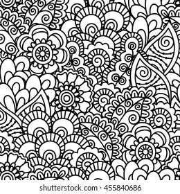 Seamless black and white background. Floral, ethnic, hand drawn elements for design. Good for coloring book for adults or design of wrapping and textile.