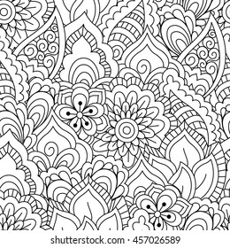 Seamless black and white background. Floral, ethnic, hand drawn elements for design. Good for coloring book for adults or design of wrapping and textile.