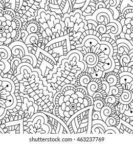 Seamless black and white background. Floral, ethnic, hand drawn elements for design. Good for coloring book for adults or design of wrapping and textile.
