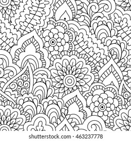 Seamless black and white background. Floral, ethnic, hand drawn elements for design. Good for coloring book for adults or design of wrapping and textile.