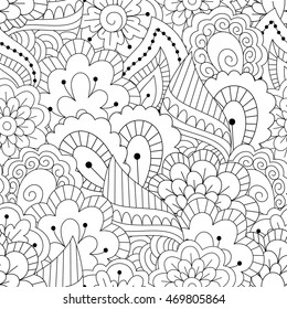 Seamless black and white background. Floral, ethnic, hand drawn elements for design. Good for coloring book for adults or design of wrapping and textile.