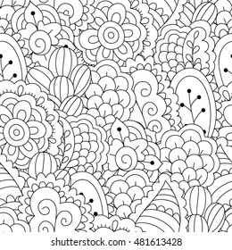 Seamless black and white background. Floral, ethnic, hand drawn elements for design. Good for coloring book for adults or design of wrapping and textile.