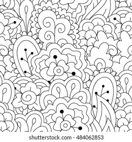 Seamless black and white background. Floral, ethnic, hand drawn elements for design. Good for coloring book for adults or design of wrapping and textile.