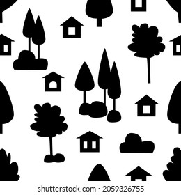 Seamless black and white background forest clearing with trees, bushes and houses