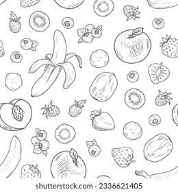 Seamless black and white background with fruit, the fruit sketch is repeated endlessly.