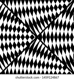 Seamless black and white background. Optical illusion of distorted surface. Twisted stripes. Vector illustration. Great for wall art, poster, banner, web.