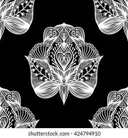 Seamless black and white background with ornamental flowers. Vector illustration.