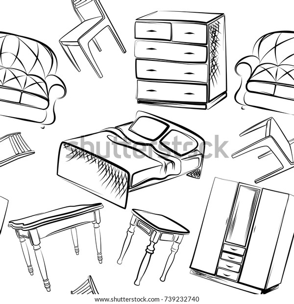 Seamless Black White Background Pieces Furniture Stock Vector