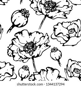 Seamless black and white background with poppies. Floral background.