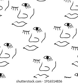 Fondo blanco y negro impecable con caras abstractas dibujadas a mano primitivas. Estilo de arte pop minimalista. Ilustración vectorial.