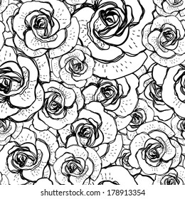 Seamless black and white background with roses