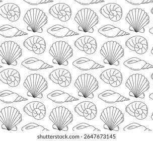 Seamless black and white background with sea shells in doodle style. Pattern with linear ocean elements