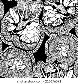 Seamless black and white background with skulls