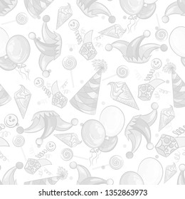 Seamless black and white background. Template, ornament, greeting card suitable for birthday, April 1st-fool's Day, humorous party, circus, children's clothing, paper, packaging, websites.