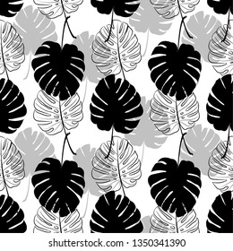 Seamless black and white background with tropical palm leaves. Summer sale, big discount, banner, Wallpaper, textiles, greeting card, cosmetics label, background for holidays: birthday, wedding, party