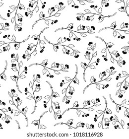 Seamless, black and white background with twigs, leaves and berries. Vector graphics.