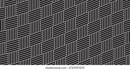 Padrão geométrico de tecelagem de cesta preto e branco sem costura com formas retangulares entrelaçadas com detalhes de linha horizontal e vertical