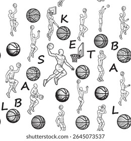 Seamless black and white basketball pattern designed for fabric prints and textile surfaces. Ideal for sportswear, activewear, and themed fabric design.