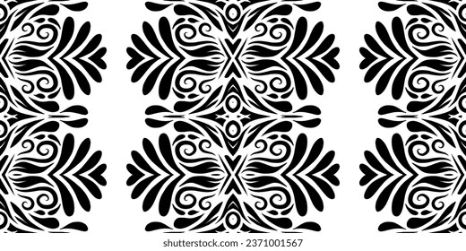 Seamless Black and white batik ethnic dayak flowers line art pattern for textile or fashion 