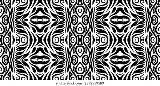 Seamless Black and white batik ethnic dayak flowers line art pattern for textile or fashion 